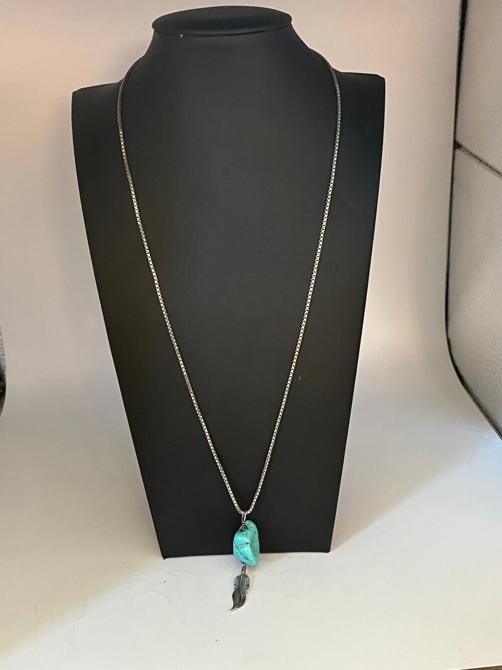 Sterling silver turquoise nugget feather pendant chain necklace